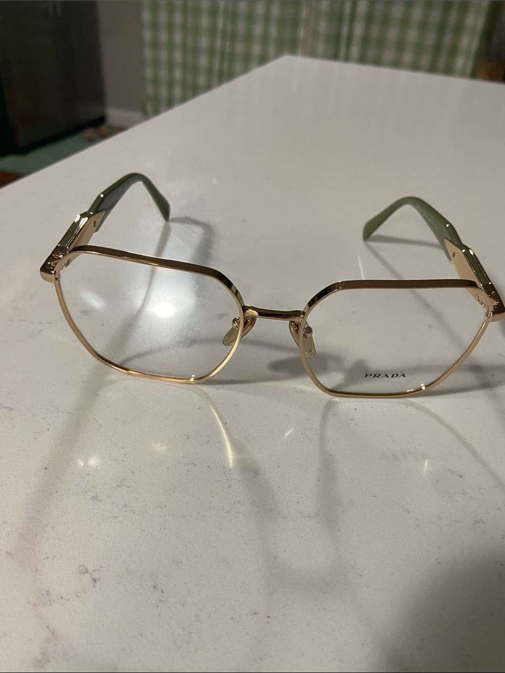 Prada Gold Metal Frame Glasses with Olive Green Temples new without tags